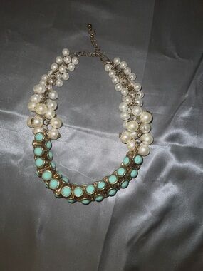 Vintage Gold Pearl and Turquoise Statement Necklace - Women Jewelry